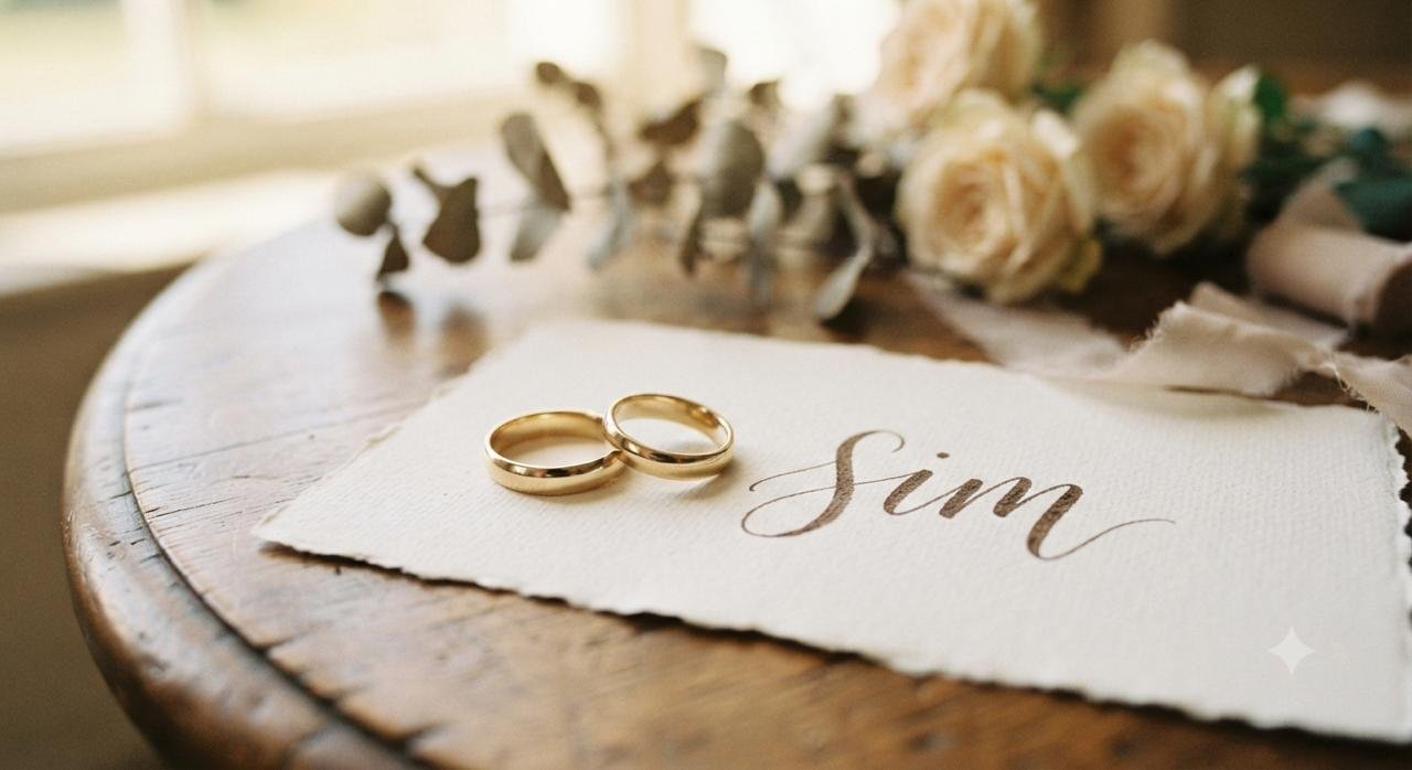 Alianças de casamento sobre papel com a palavra sim
